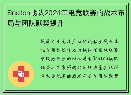 Snatch战队2024年电竞联赛的战术布局与团队默契提升